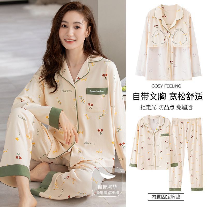 Pijama de algodón 100% para mujer primavera y otoño ropa para el hogar de una sola pieza con almohadilla para el pecho 2023 nueva primavera y otoño solapa pijamas de manga larga