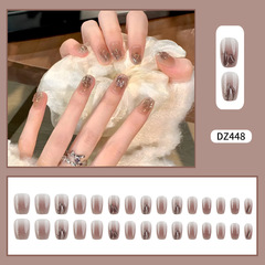 穿戴式美甲甲片氣質冰透咖漸變爆閃滿鑽指甲貼片分碼30片