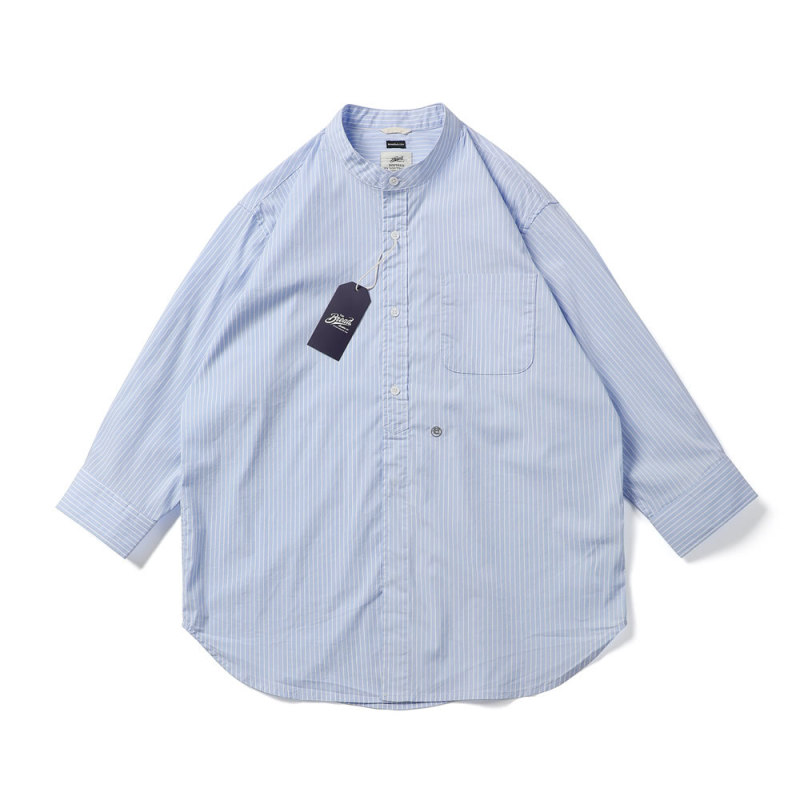 26Ss Stand-Up Collar Japanese-Style Small Embroidery Vertical Striped Shirt Men's Loose Casual Three-Quarter Sleeve Shirt Jacket Cityboy