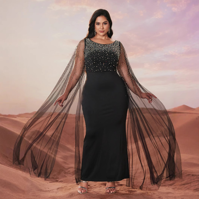 Plus-Size Ball Gown Evening Dress Elegant Mesh Patchwork Long-Sleeve Beaded Party Evening Dress-Fmgn1234
