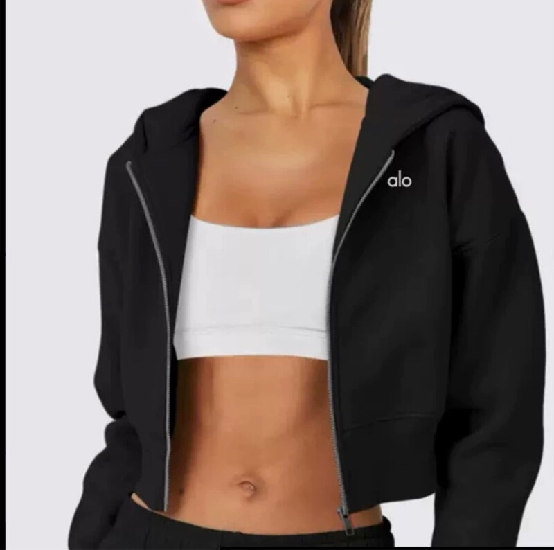 Alo European and American Style Fleece Zipper Hoodie Amazon Long-Sleeve Casual Jacket Women's Top Versatile Short Style Alo European and American Style Fleece Zipper Hoodie Amazon Long-Sleeve Casual Jacket Women's Top Versatile Short Style