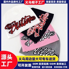 韩版字母提花针织帽大头围显脸小百搭套头冷帽秋冬保暖护耳毛线帽