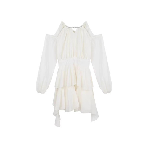 Elegant French-style champagne-colored chiffon dress: Autumn/Winter chiffon mini skirt with ruffled edges, cinched waist—perfect for a romantic date or as a princess-like short gown.