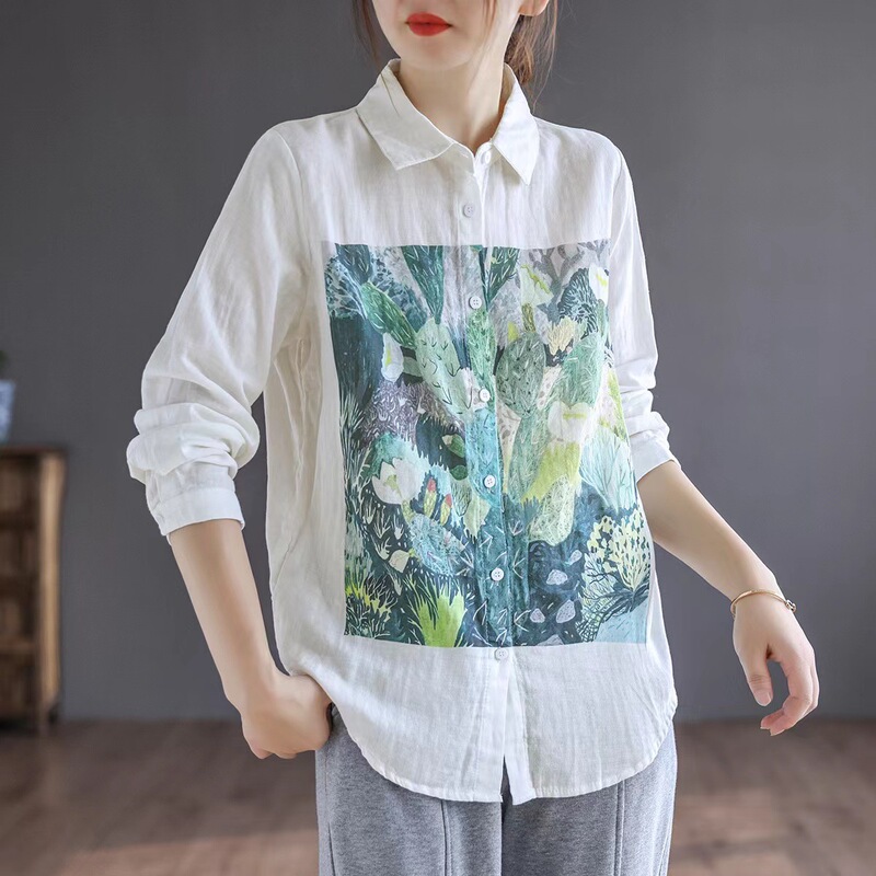 Korean Style New Double-layer Cotton Yarn Lel Shirt Women's Artistic Loose Long-sleeved Color Contrast Dye Top