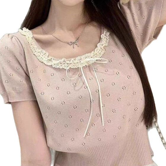 Design Sense Tie Bow Round Neck Short-sleeved T-shirt Women's Summer Wear Design Sense Hollow Short Knitted Top