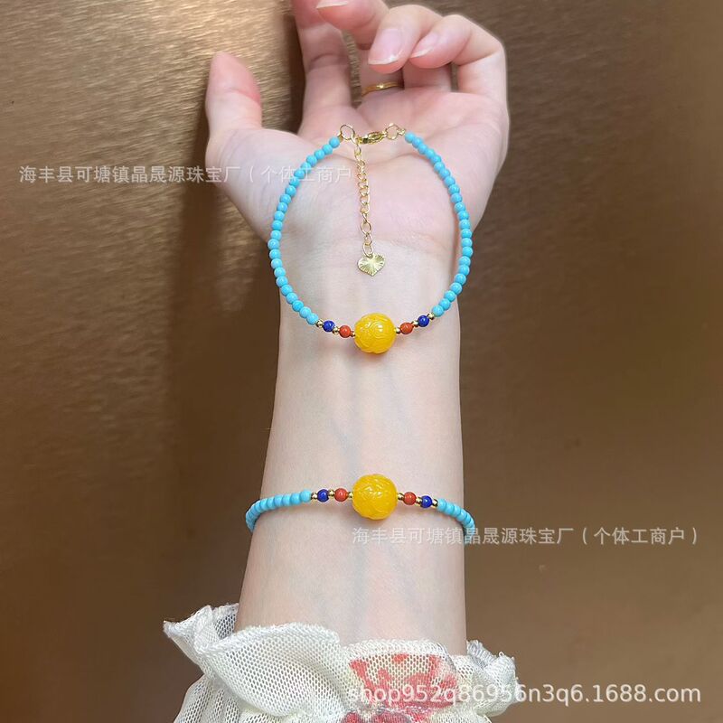 Malachite and turquoise bracelet, adjustable, paired with second-generation amber, southern red agate, and lapis lazuli single beads, factory wholesale model