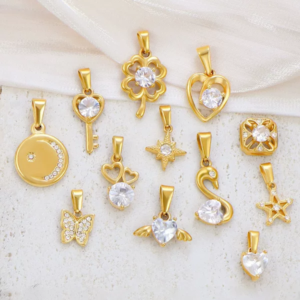 Europe and the United States DIY diamond love four-leaf clover butterfly key geometric accessories stainless steel plated 24K gold pendant