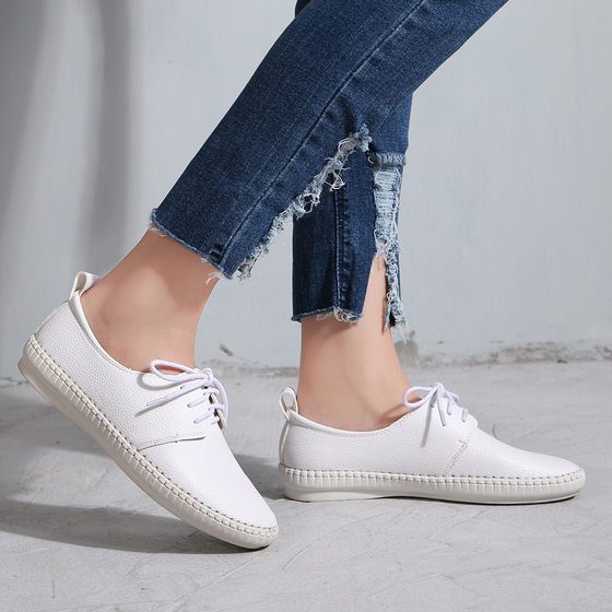 White Shoes Women's Lace-up 2025 New Summer Casual Flat Shoes Soft Sole Small Size 32 Size 33 Lazy One Pedal