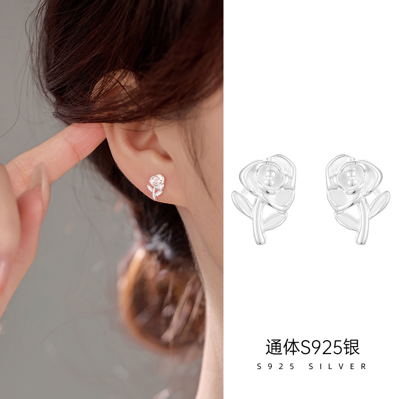 日系簡約925純銀玫瑰花耳釘女小眾ins網紅耳環養耳洞氣質花朵耳飾