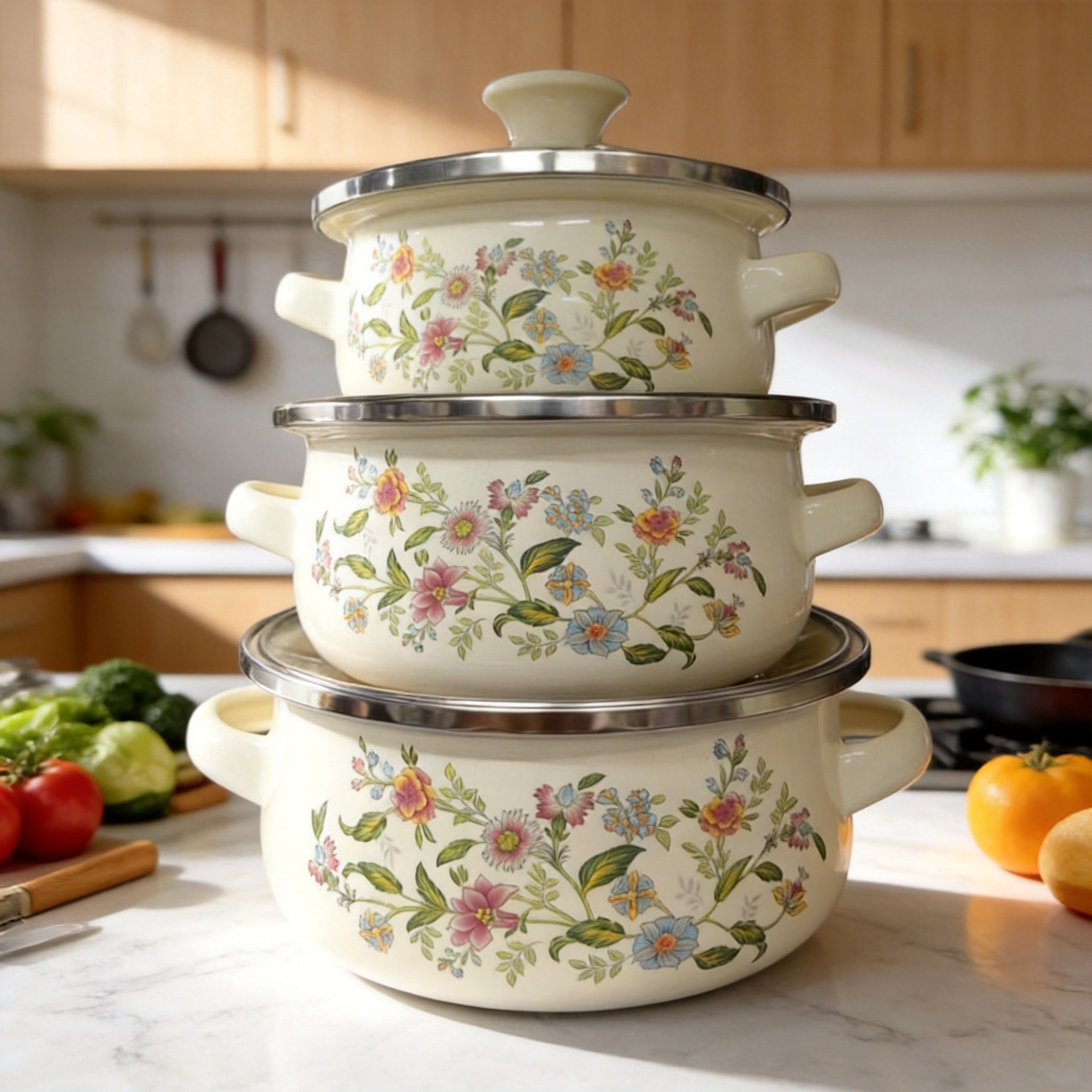 Thickened enamel pot, three-piece set including a double-handled pot, a soup pot, and a stew pot, suitable for home use, with a flat bottom and compatible with induction cooktops