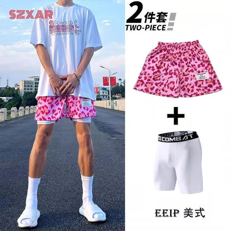 Trendy Leopard Print Faux Two-Piece American-Style Men's Sports Training Quick-Dry Lined Basketball Shorts, Knee-Length, Summer