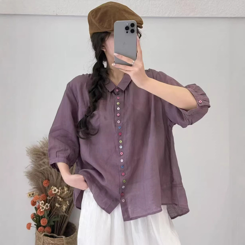 2026 Spring/Summer Women's Short Sleeve Ramie Shirt with Colorful Buttons, Loose Casual Top, Thin Shirt 2026 Spring/Summer Women's Short Sleeve Ramie Shirt with Colorful Buttons, Loose Casual Top, Thin Shirt