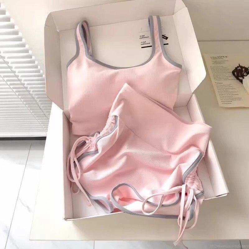 睡衣女网红款粉色带胸垫吊带夏季运动瑜伽服短裤套装家居服可外穿|undefined