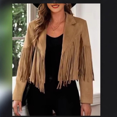 Cross-Border Autumn New Tassel Suede Jacket for Women European and American Solid Color Lapel Short Slim Autumn and Winter Jacket for Women