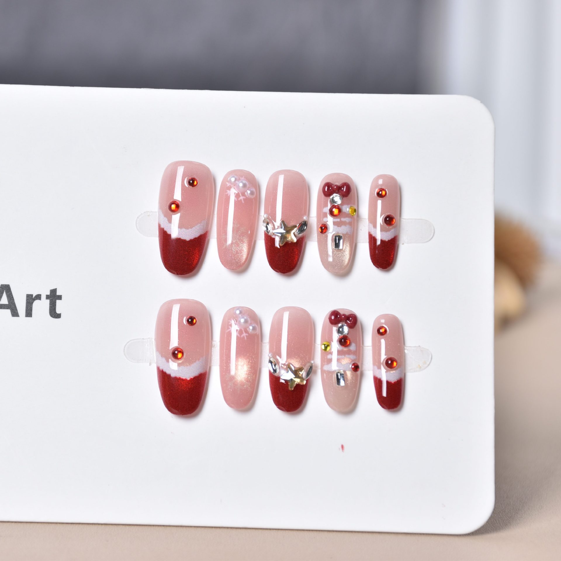 Navidad manicure nuevo rojo francés ojo de gato usar pieza de uñas productos terminados elíptico blanco dulce pieza de uñas falsas