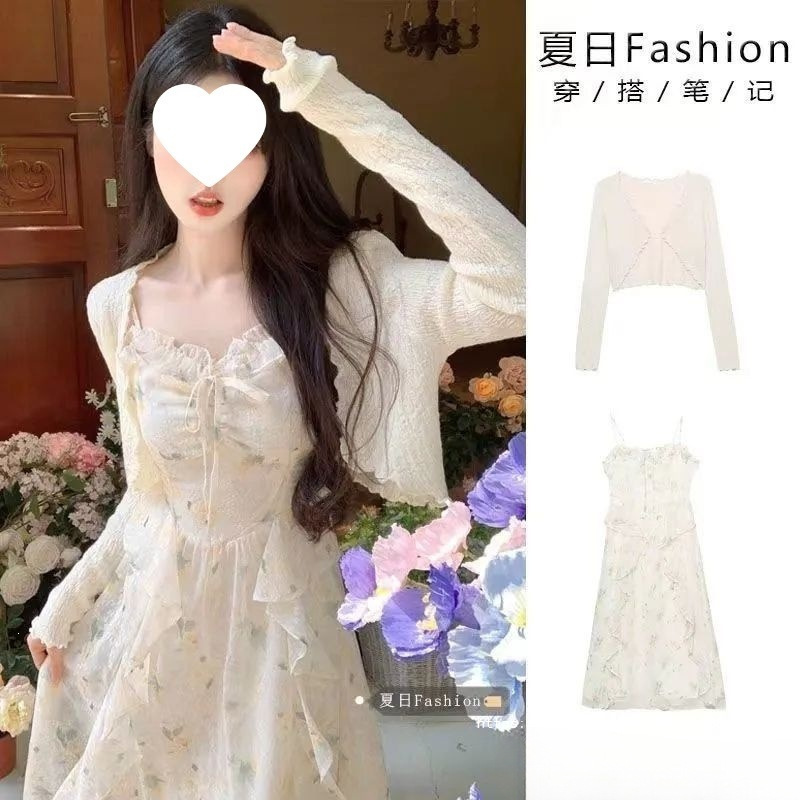 Sweet and Spicy Style Chiffon Ruffle Floral Print Camisole Dress Set for Women, Summer and Autumn Thin Sunscreen Cardigan with Waist-Cinching Long Dress