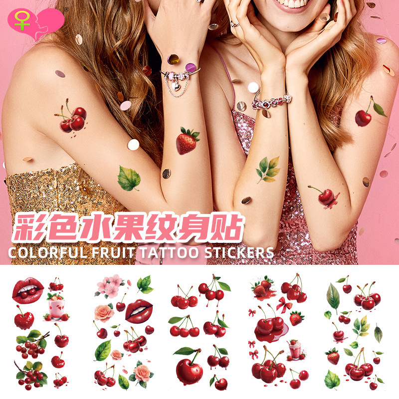 New 3D Colorful Pattern Fruit Tattoo Stickers Waterproof Disposable Simulated Cherry Blossom Temporary Tattoo Ins