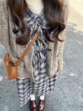 日系复古学院风软糯灰色开衫毛衣女初秋季宽松格子裙长款两件套装