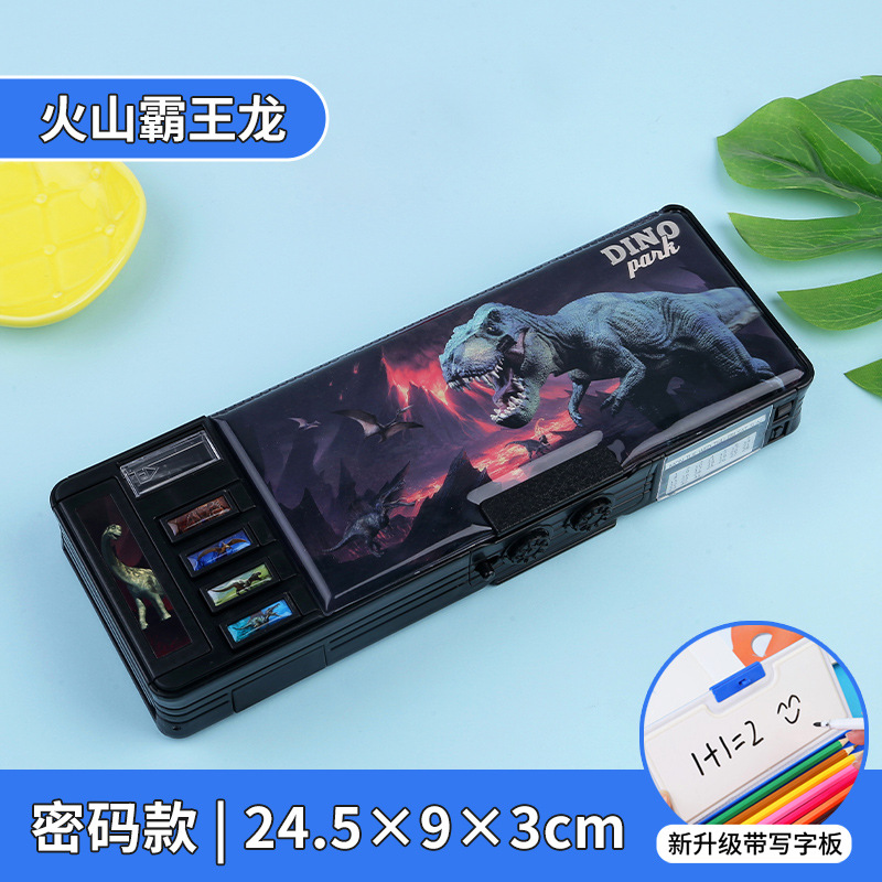 Caja de papelería con bloqueo de contraseña, botón multifunción, caja de lápices de gran capacidad de doble cara, dinosaurio, escuela primaria, niño, niña, jardín de infancia