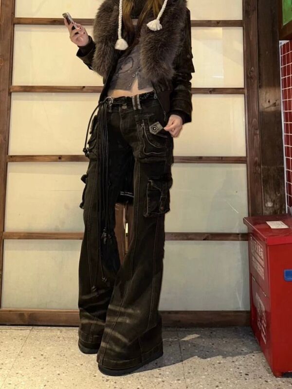 American Punk Pants Low Waist Crock Jeans Women's 2025 Spring Design Sense Subculture Y2K Hot Girl Micro-flared Pants