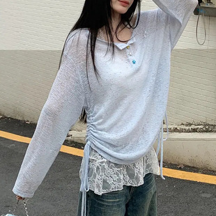 Lace-Up Blouse, Slightly See-Through Knitted Top, Ins Preppy Style, Breathable, Thin Design, Loose, Long-Sleeved, Slimming Look in Summer
