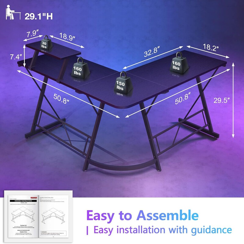 L-Shaped Rgb Lamp with Socket E-Sports Table Home Game Competition Table Desktop Computer Table Writing Desk Office Desk
