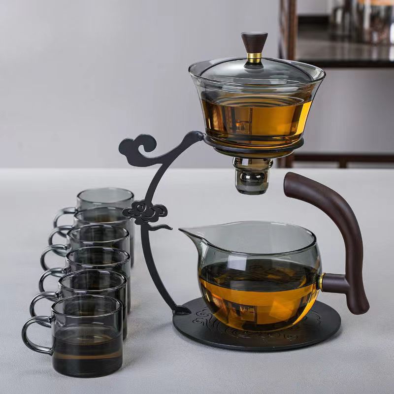 灯宫黑透玻璃茶具套装中式客厅自动冲茶器铁艺竹木底座泡茶器套装
