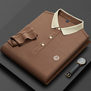 2023 spring and autumn men's long-sleeved polo shirt U-shaped embroidered high-end T-shirt lapel loose solid color middle-aged and young shirt