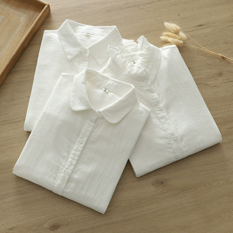 Осенняя новая хлопчатобумажная пряжа рубашка с длинными рукавами женский отворот дикая двухслойная пряжа белая нижняя рубашка оптом