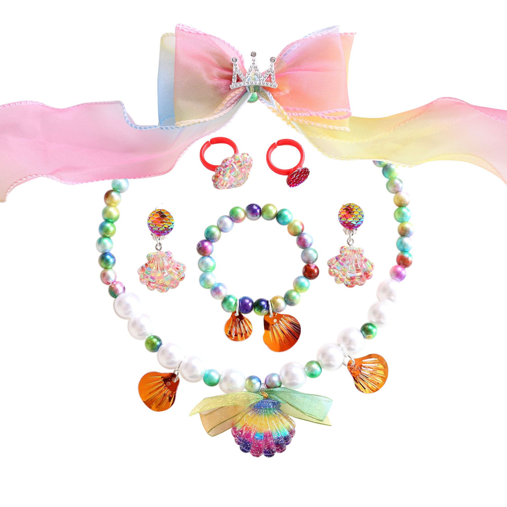 Collar para niños sirena cola collar de perlas para niñas pulsera anillo pendientes traje para niñas accesorios para bebés