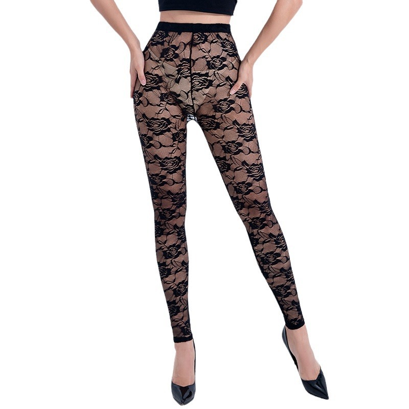 Estilo europeo y americano sexy ver-a través de encaje Rosa leggings alto elástico moda medias exterior penetrante Pantalones de mujer