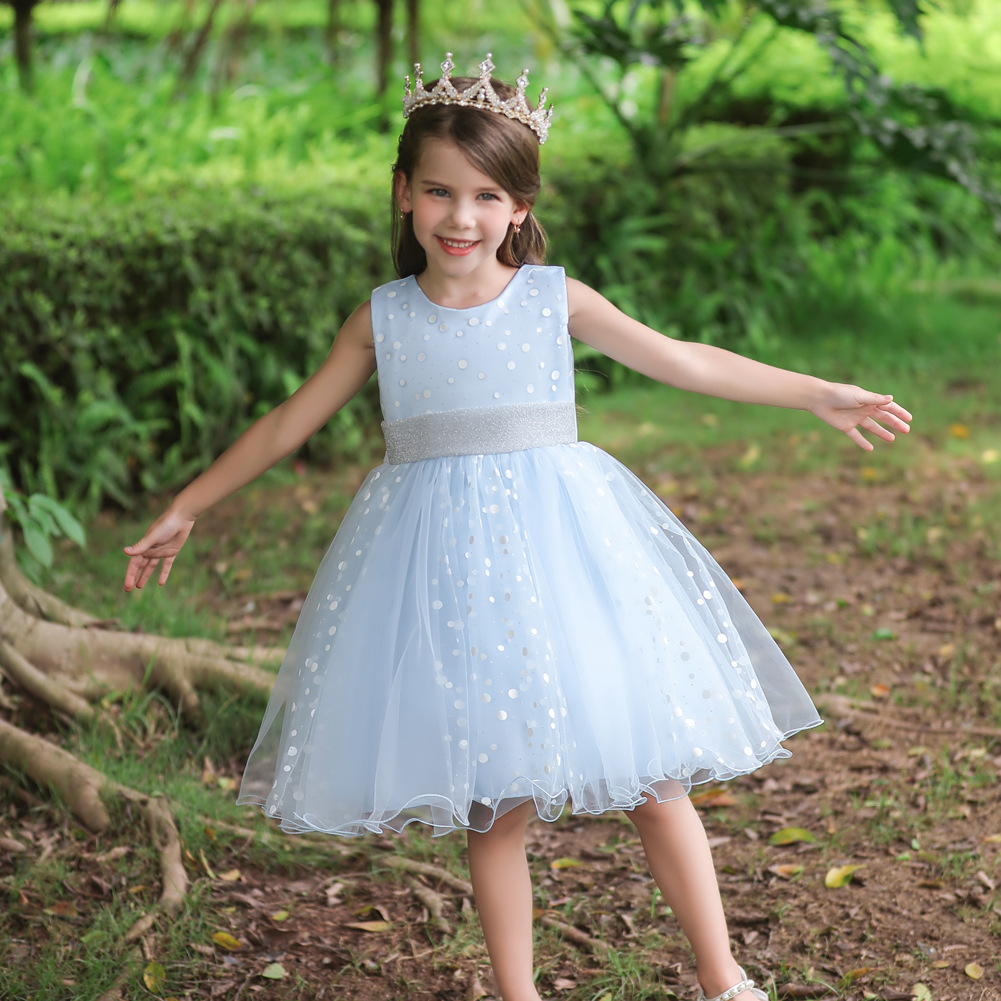 跨境中小童公主裙女童波点婚纱裙蝴蝶结蓬蓬裙生日派对花童礼服裙