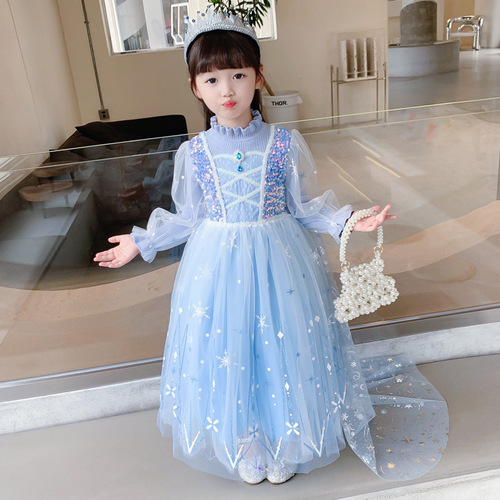 Elsa Princess Dress for Girls - Spring and Autumn Knitted Wool Dress with Ice and Snow Theme