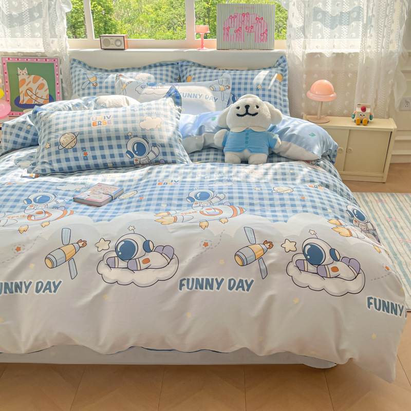 Xiaokaba algodón fresco de cuatro piezas, sábanas de algodón, ropa de cama de tres piezas para estudiantes.