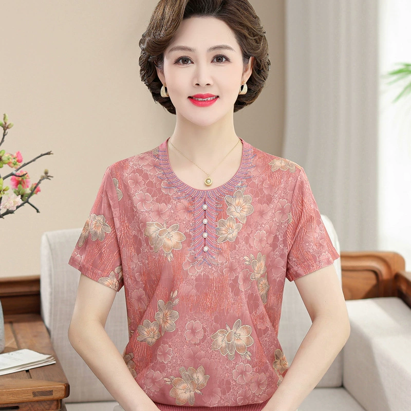 Иностранная мама наряд Летний круглый вырез тонкая рубашка 50 лет День матери женщины среднего возраста футболка с короткими рукавами пожилая женщина