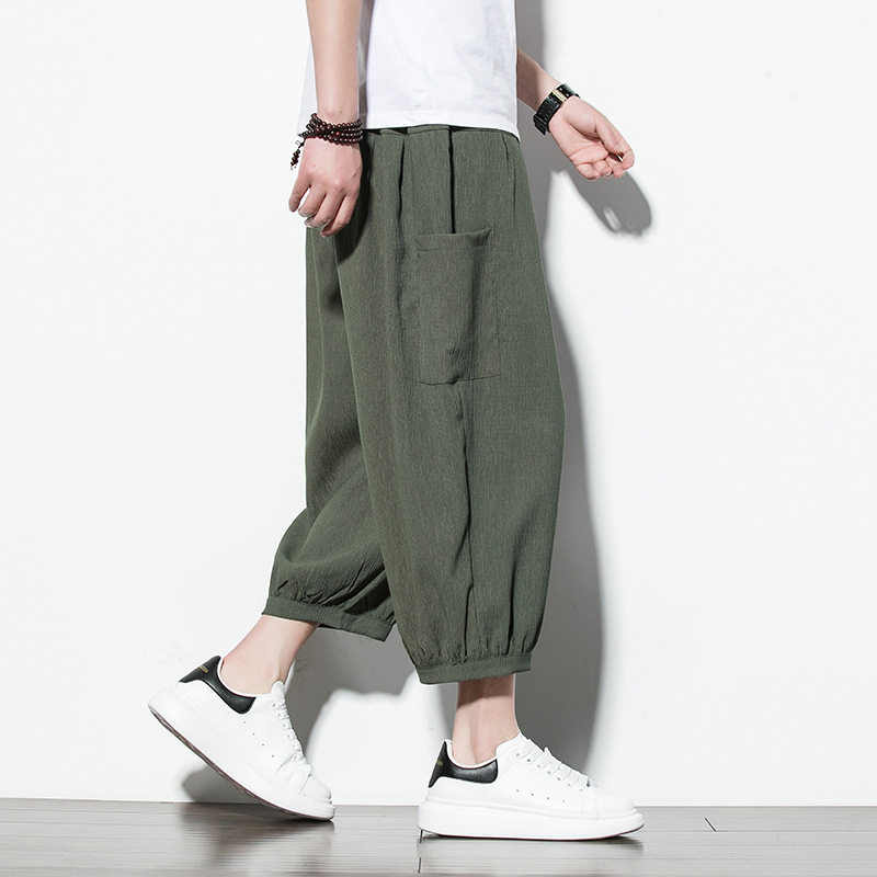 Summer New Men's Thin Cropped Casual Pants Chinese Style Loose Large Size Wide Leg Pants Leg Sports Hallen Pants