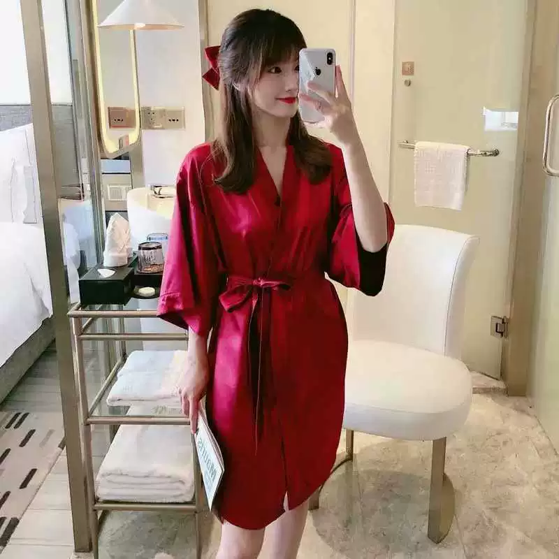 Женский длинный шелковый халат, летняя тонкая пижама-robe, европейский стиль, пояс на талии
