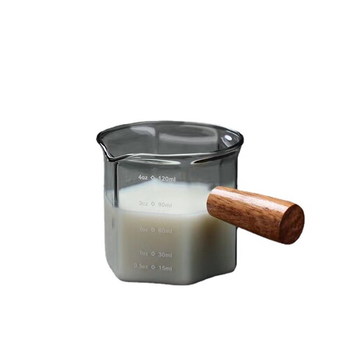 High Borosilicate Glass Coffee Cup with Graduations Espresso Coffee Extractor Cup with Wooden Handle Milk Pitcher Milk Tank Ounce Cup