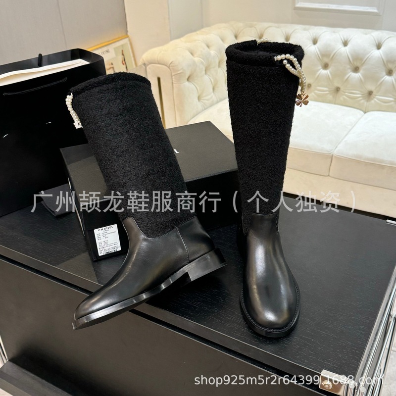 高端2025秋冬小香真皮圆头金属链条平跟套筒高筒骑士靴不过膝长靴|undefined