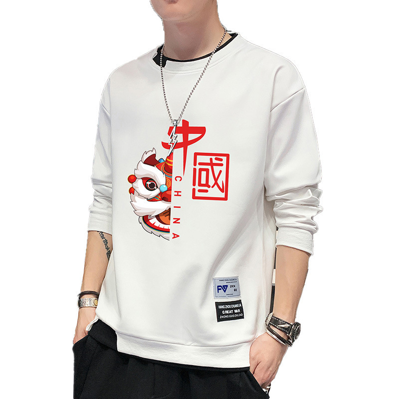 Primavera y otoño de hombre nueva camiseta de manga larga marca de moda masculina suelta camiseta de cuello redondo estilo de moda masculino de Hong Kong ropa de tamaño grande