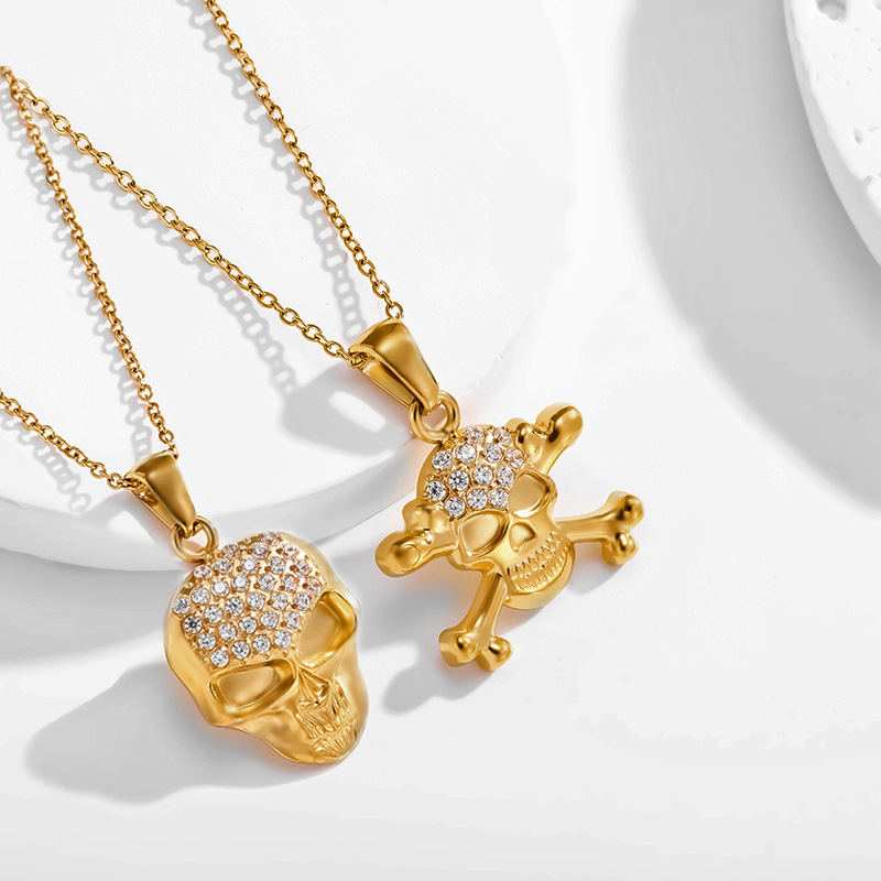 Skull Pattern Women's Gender Wholesale Jewelry Funny Cool Style Skull Titanium Steel Zircon 18K Gold Plated Inlay Pendant Necklace