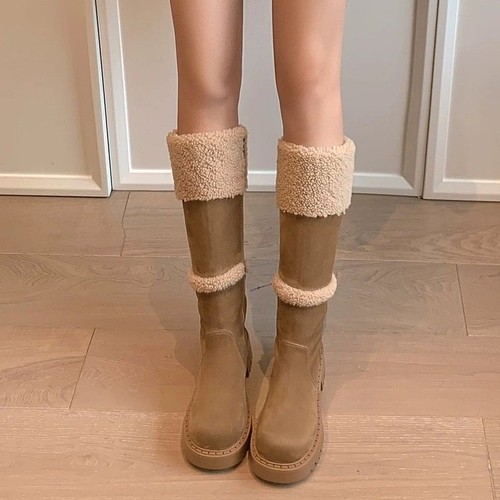 Sheep Lamb Snow Ground Length Boots Women Winter Fleece Lined Petite Heel Height Fashion Boots Warm Cotton Boot