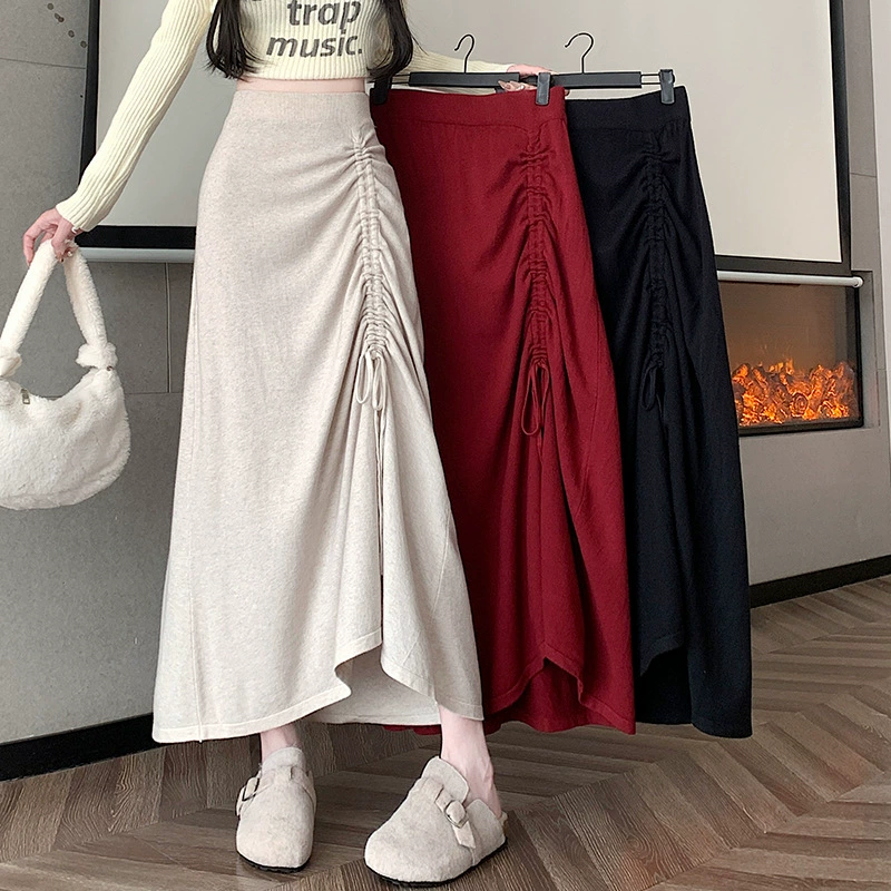 Реальный выстрел 2024 осень и зима новый нишевые нерегулярные вяжущие юбки из трикотажных полуплатков