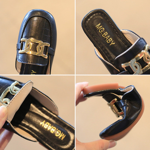 British style retro children's leather shoes, fashionable girls' slippers, Korean style slippers for middle and large children, Baotou slippers for outdoor children's shoes