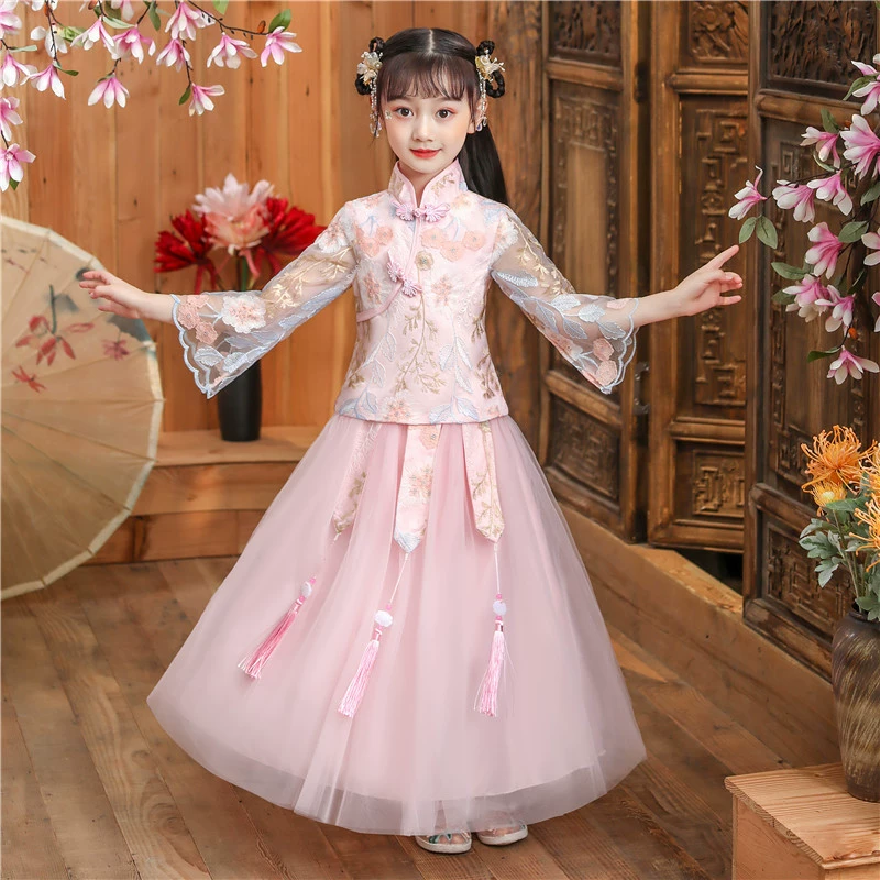 Новый ханьфу для девочек весна и осень древний костюм в китайском стиле супер фея Китайская Республика винтажный костюм Тан вышитое платье с пряжкой и воротником-стойкой