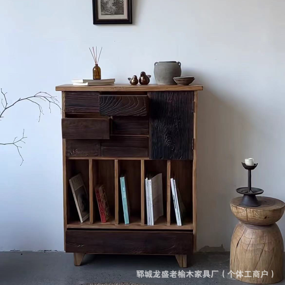 New Chinese Style Old Elm Tea Rack Living Room Sideboard Weathered Texture Ancient Shelf with Drawer Multi-Treasure Cabinet Display Rack