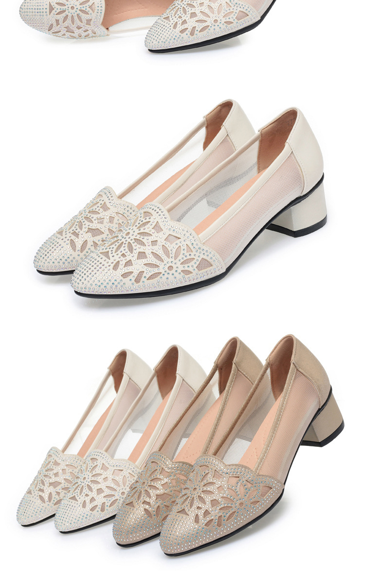 Sandal nữ da thật đế mềm lưới rỗng gót giữa dày mũi nhọn — màu be chi tiết 16