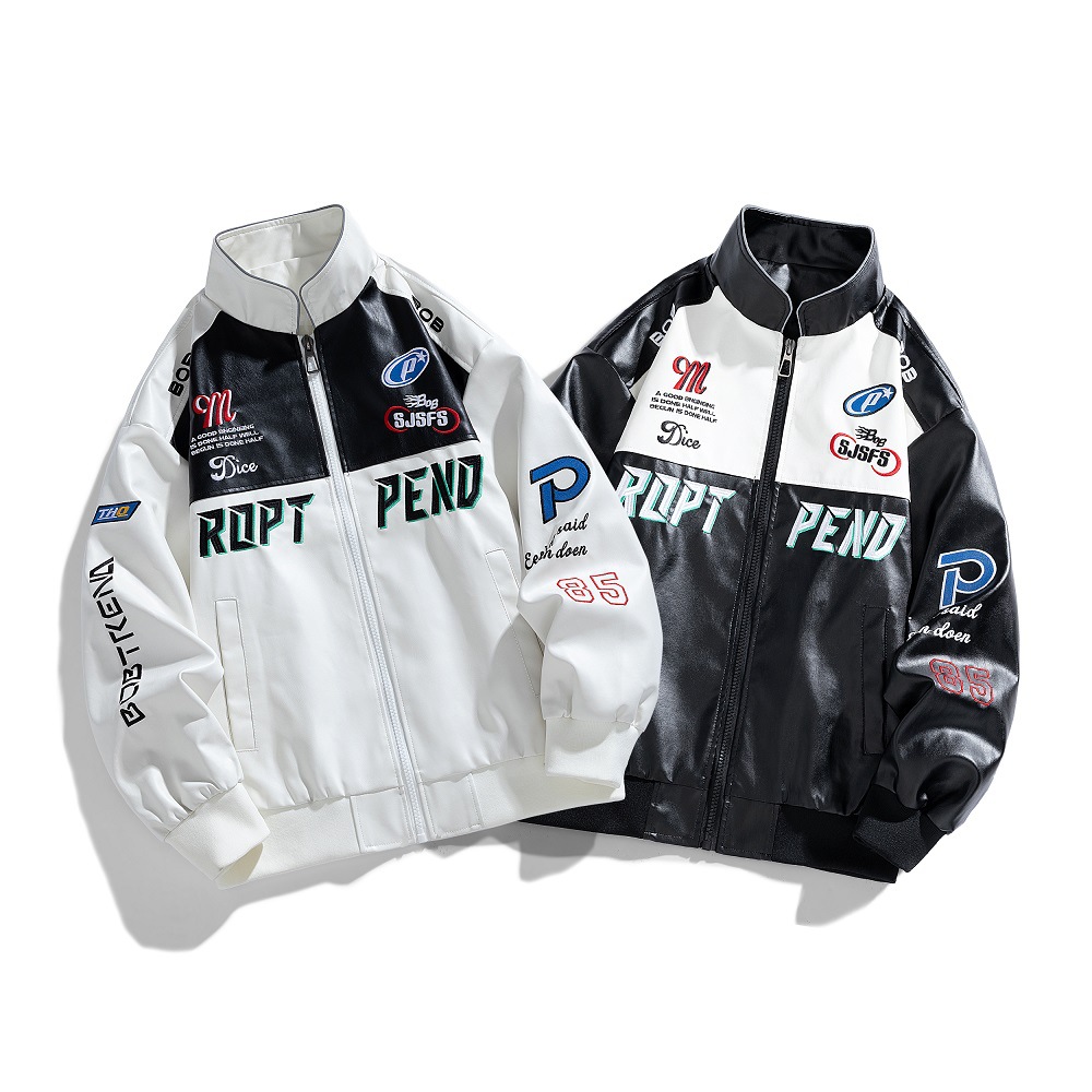 2024 autumn and winter new men's PU leather slim fit jacket, embroidered armband, motorcycle riding suit, trendy_voghion.com