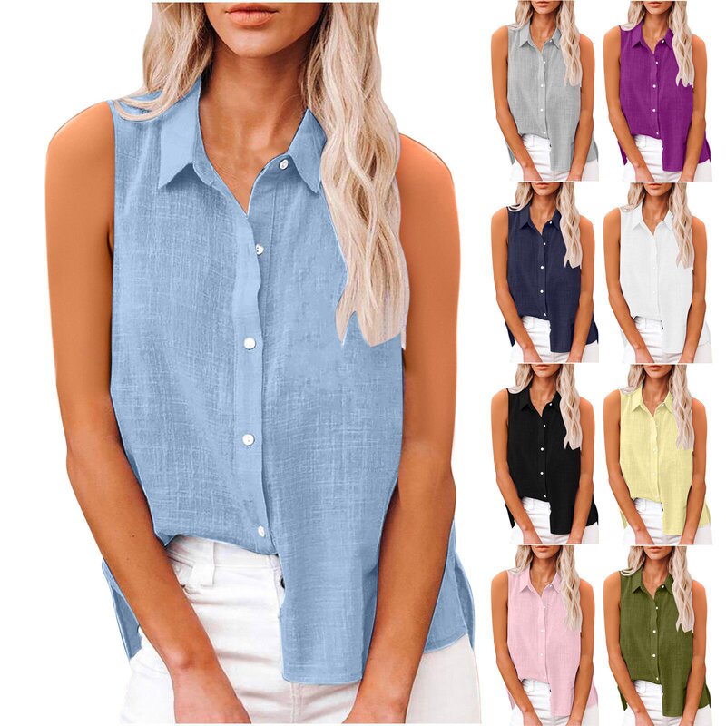 2026 European and American Cross-Border Amazon Ebay Summer Collared Cotton and Linen Button-Down Sleeveless Shirt Women's Black Blouse 2026 European and American Cross-Border Amazon Ebay Summer Collared Cotton and Linen Button-Down Sleeveless Shirt Women's Black Blouse