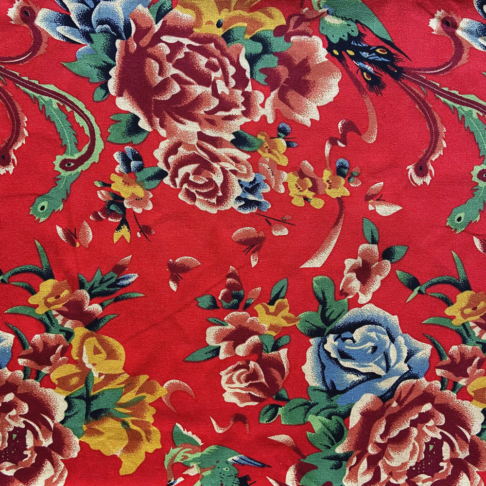 民族风西装旗袍连衣裙东北大花布花袄 凤凰戏牡丹棉麻印花布料